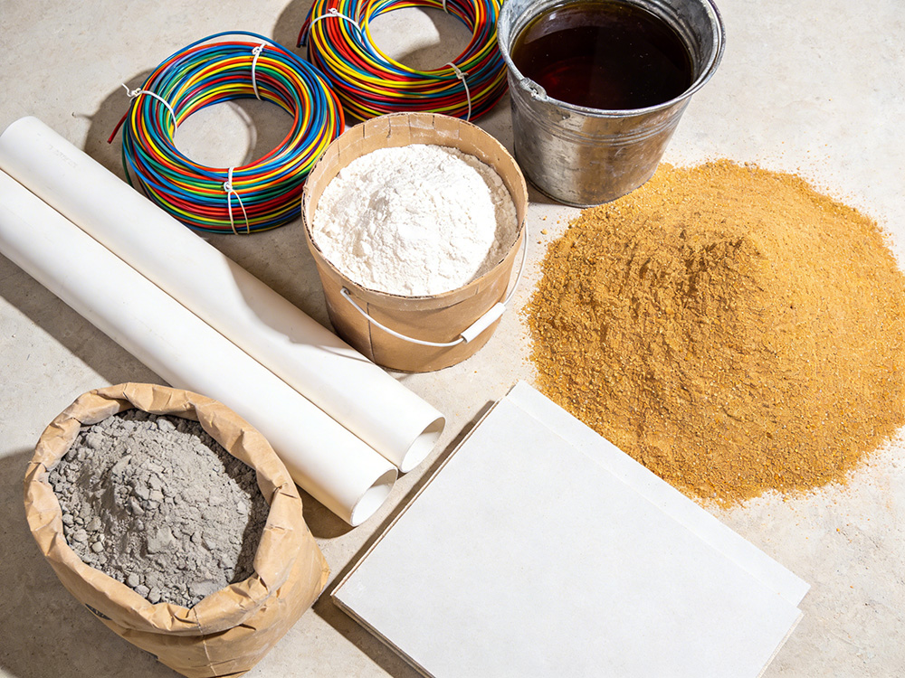 水泥、沙子、石膏板、膩子粉、水管、電線、防水涂料